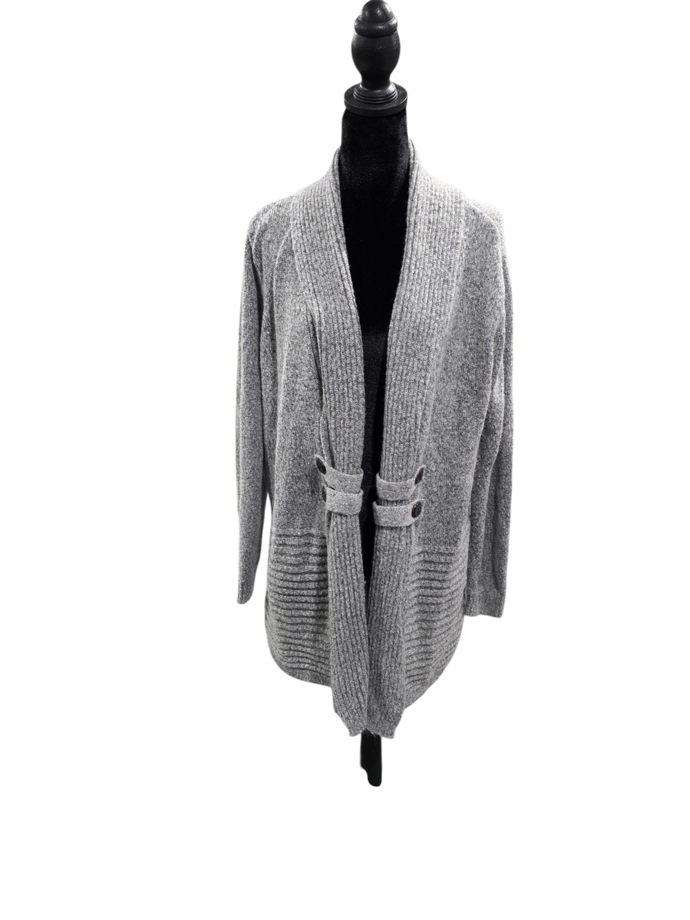 Gray Open-Front Ribbed Cardigan Sweater
